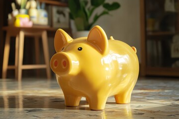 Yellow piggy money box standing on floor, yellow piggy bank stands on the floor