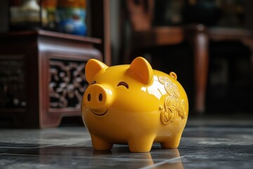 Yellow piggy money box standing on floor, yellow piggy bank stands on the floor