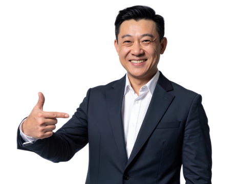 Man Smiling and Pointing Confidently, Dressed Smartly Against isolated on a transparent background.