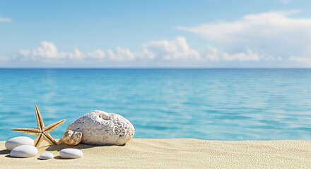 Seashells starfish and coral stone on golden beach sand