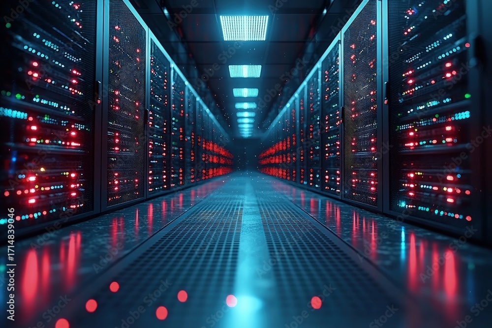 Poster advanced ai server room with glowing red lights on data racks in futuristic hallway, modern it infra