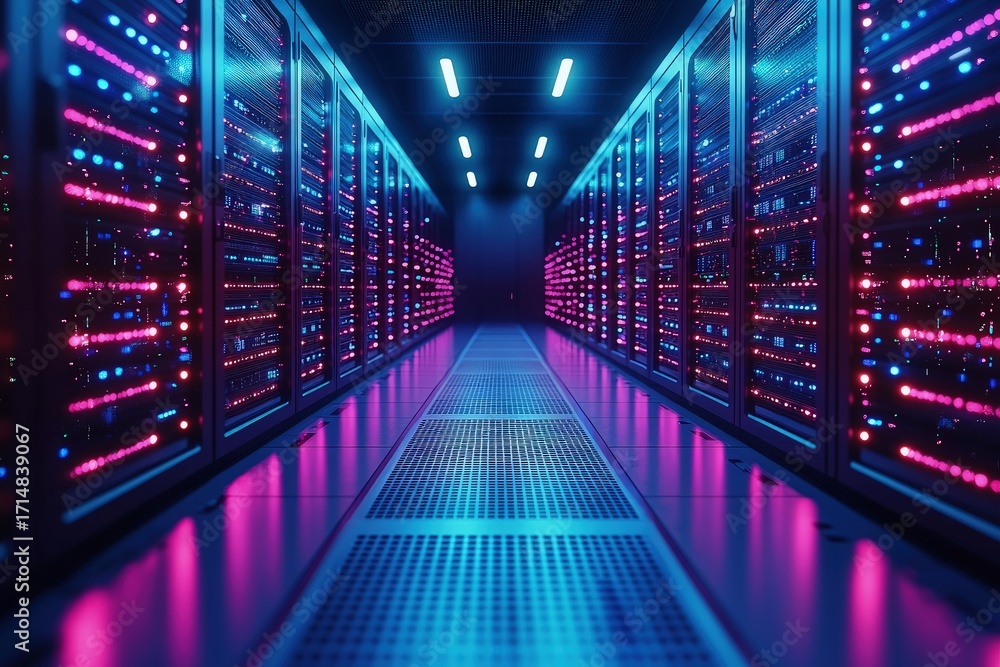 Poster futuristic ai data center with glowing pink and blue lights on server racks, modern it infrastructur