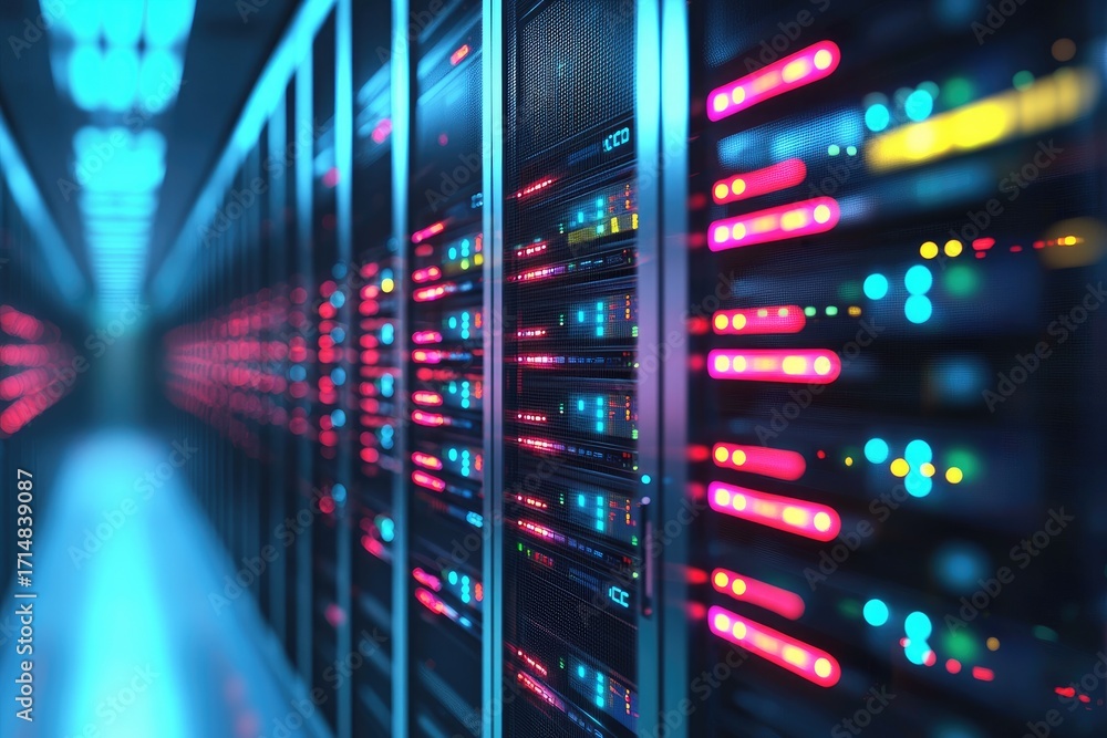 Poster futuristic ai data center racks with glowing neon pink and blue lights in modern hallway, advanced i