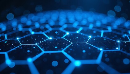 Abstract blue hexagonal grid with glowing lines and bokeh effect