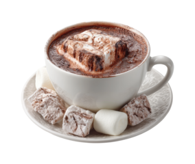 Warm hot chocolate with marshmallows cozy home beverage PNG, isolated on transparent background
