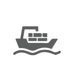 A simple vector icon showing a cargo ship carrying freight on ocean waves. This minimalist symbol represents maritime transport, logistics, and international trade