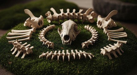 Earthy Altar - A Symmetrical Display of Animal Skull and Vertebrae on Green Moss.