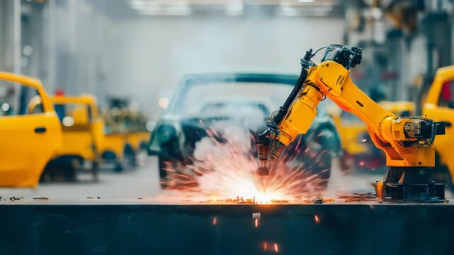 Robotic arms perform welding in a high tech vehicle production facility