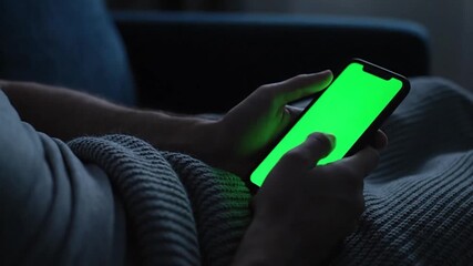 Engaged hands holding a smartphone with a customizable green screen, perfect for displaying various digital content in a dark, cozy environment