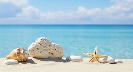 Seashell starfish and coral stones on tropical beach with turquoise ocean