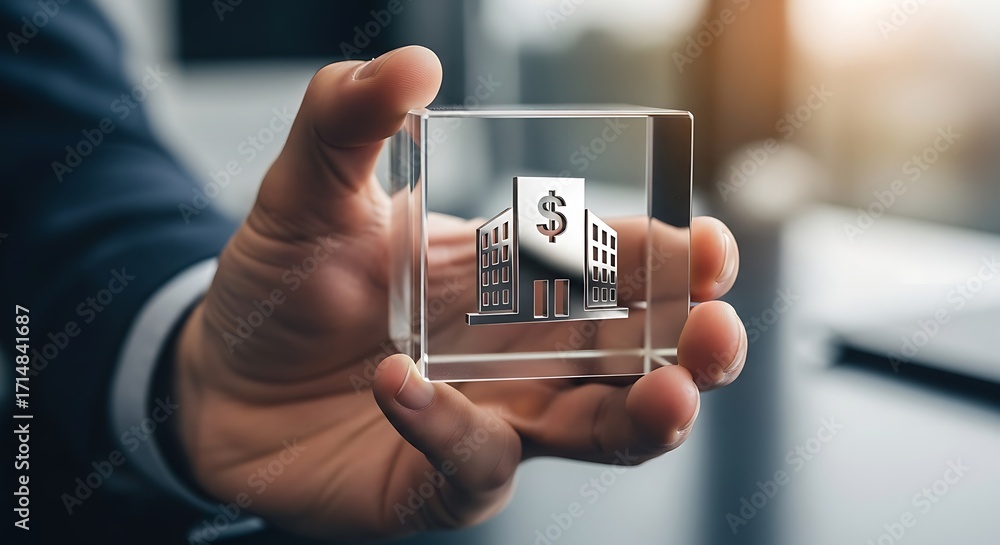 Poster person holding a clear cube with a bank building symbol inside in a blurred background setting