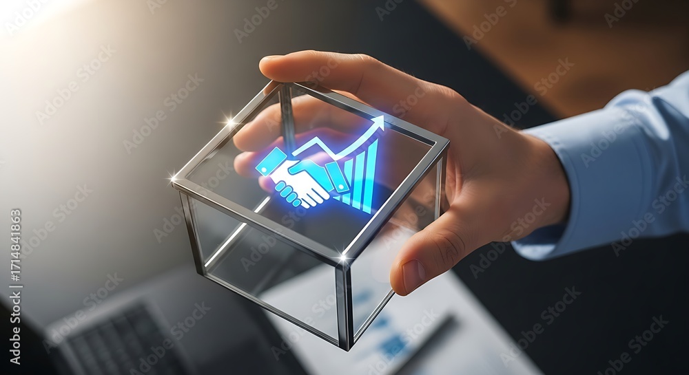 Poster A hand holding a transparent cube with a handshake and graph icon inside on a dark background
