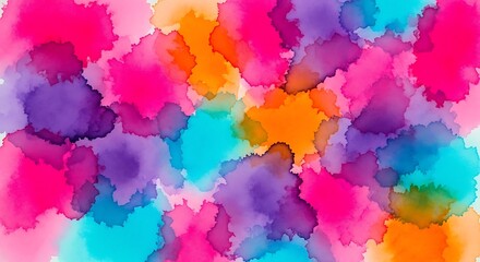 Vibrant Watercolor Splashes Abstract Background with Dynamic Pink, Purple, Orange, Blue Hues.