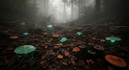Ethereal Forest Floor - Bioluminescent Mushrooms Glow Amidst Misty Woodland and Enchanting Light.