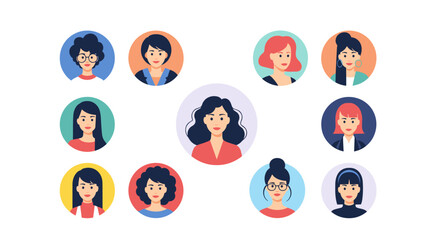 Fototapeta premium A diverse collection of female avatars showcasing various hairstyles and expressions.