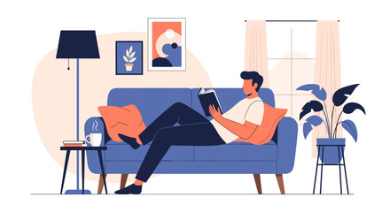 A man relaxing on a blue couch reading a book in a cozy living room.