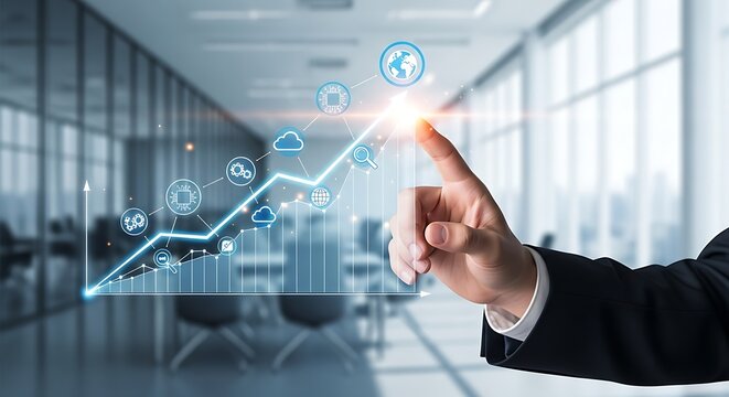 Hand touching digital graph with icons in a modern office interior with blurred background