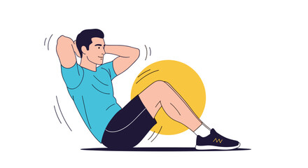 A man is doing crunches on the floor with a yellow circle in the background.