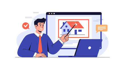 A man is presenting a diagram of a house on a screen while sitting at a desk with a laptop.