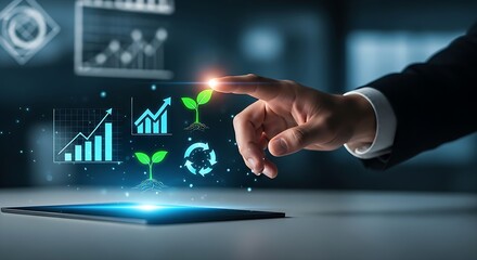 Naklejka premium A hand interacting with digital growth icons above a tablet on a dark background with suit sleeve visible