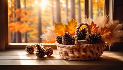 Baskets With Pine Cones And Autumn Leaves Arranged By A Sunny Window In A Cozy Setting