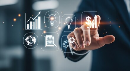 A hand interacting with digital icons representing growth ideas and global business strategies online