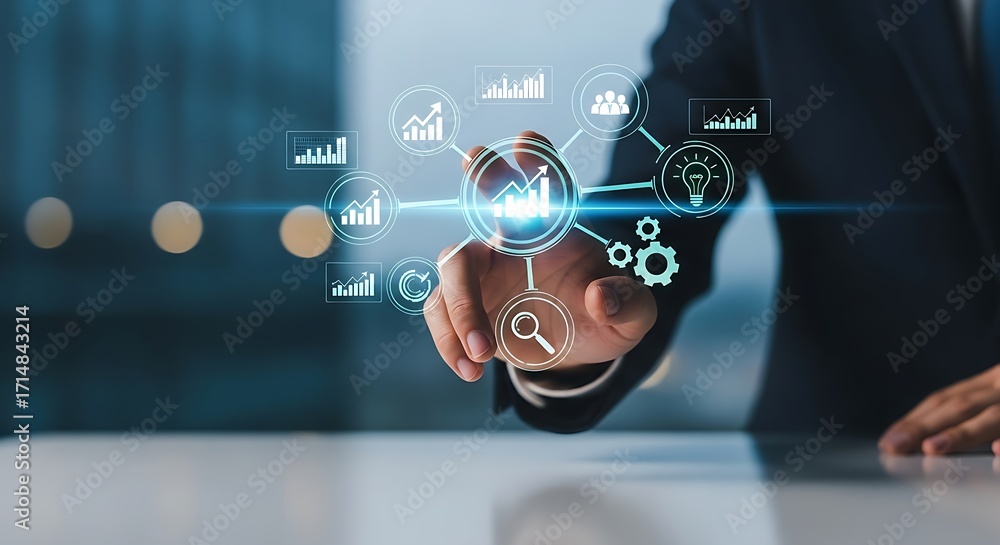 Poster A person interacting with a digital interface showing data analytics and business intelligence icons
