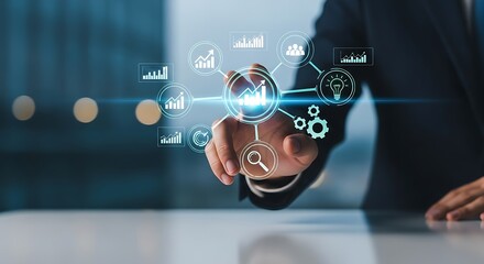 A person interacting with a digital interface showing data analytics and business intelligence icons