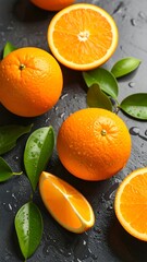 Fresh oranges with leaves on dark surface