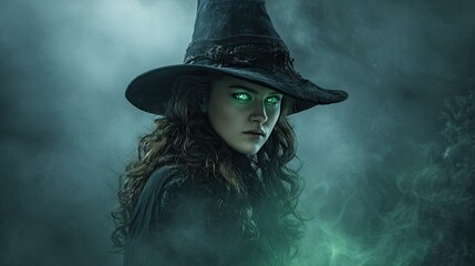 Mystical witch with glowing green eyes in dark hat surrounded by magical smoke and eerie atmosphere