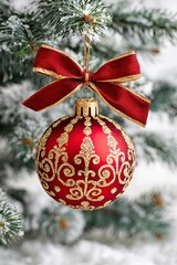 Red Christmas bauble with golden ornament and bow hanging on snow covered fir tree branch in winter