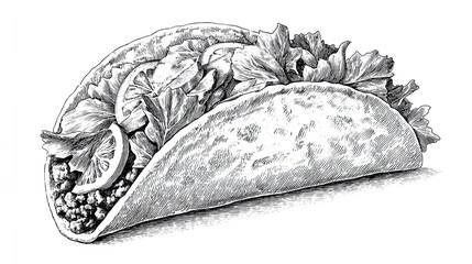 Vintage engraving sketch of taco with lettuce tomato meat and lemon slice detailed hand drawn food design