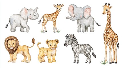 Cute watercolor illustration of wild safari animals including lion zebra elephant and giraffe on white