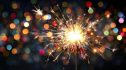 Sparkler glowing with golden sparks on dark background with vibrant colorful festive bokeh lights
