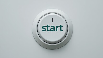White round button with the word start in green letters and copy space on gray background