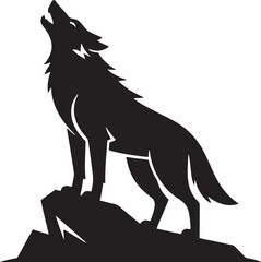 Obraz premium Black silhouette of a wolf howling on rocks white