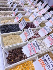 A variety of dried seeds, nuts and beans at the market
