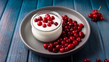 Red Cranberry In Yogurt Or Cream Realistic Dessert With Berries
