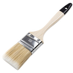 A flat paintbrush with a light colored wooden handle and metal ferrule isolated on transparent background