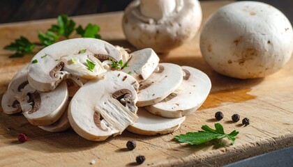 Sliced mushrooms on a wooden cutting board, ready for culinary preparation, with fresh herbs and pepper.