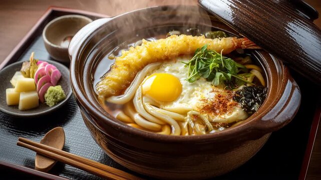 土鍋の鍋焼きうどんを俯瞰で撮影全体構図写真