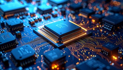 Close-up of a computer circuit board with a central processor. Blue and orange glowing elements illustrate digital connectivity and technology