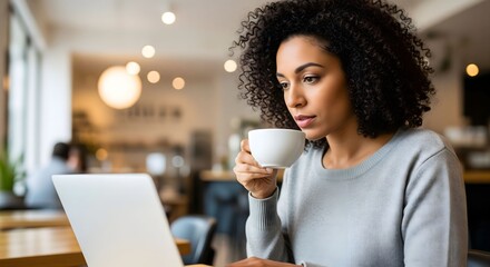 Focused young woman sipping coffee while working on laptop in a cafe depicting co