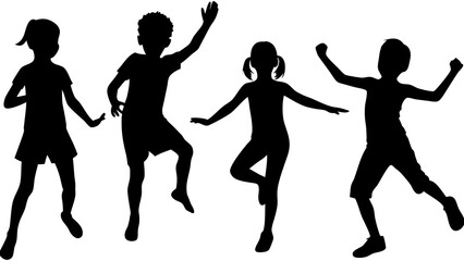 Silhouettes of children dancing and playing joyfully with energy and enthusiasm
