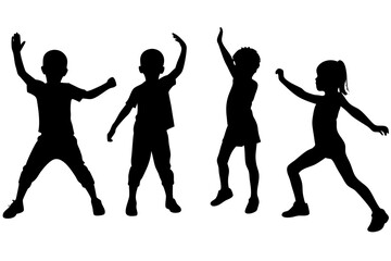 Fototapeta premium Silhouette of children dancing and playing joyfully with arms raised in the air