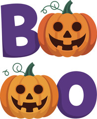 Purple letters and jack o lanterns spell boo halloween