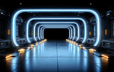 Obraz premium Futuristic glowing corridor with neon lights and sleek design
