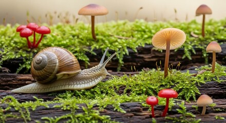 Slow Traveler in a Fairytale World of Moss and Tiny Red Mushrooms.