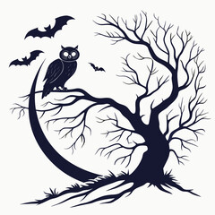 Owl on Tree with Bats Silhouette