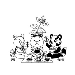 Naklejka premium Three Adorable Cartoon Animals Enjoying a Picnic with Plants